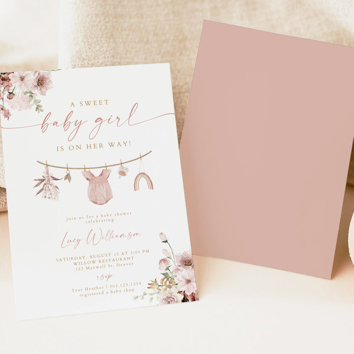 LUCY Dusty Rose Sweet Baby Girl Clothesline Baby Shower Invitation Template