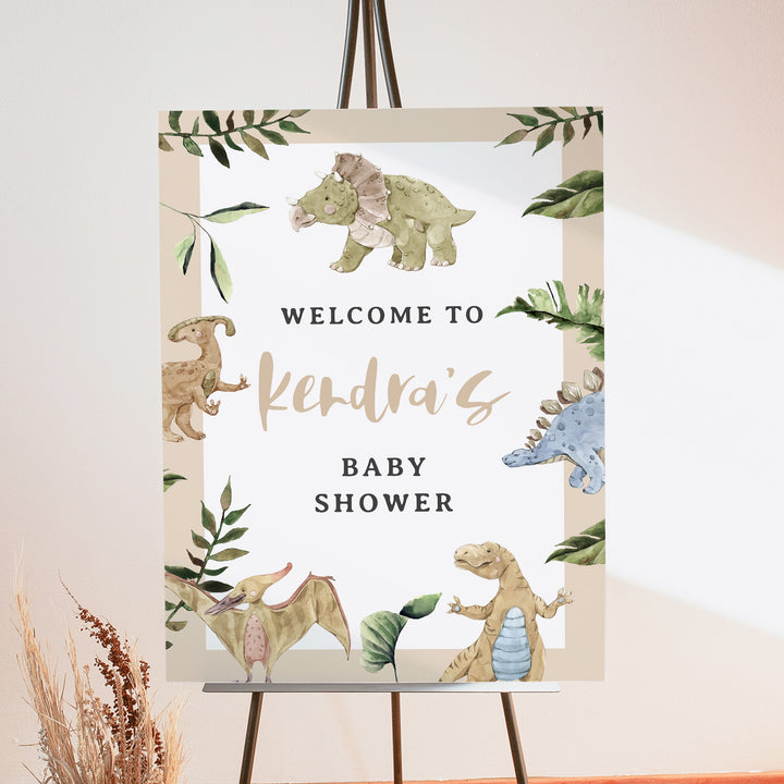 SPIKE Rustic Watercolor Dinosaur Baby Shower Welcome Sign
