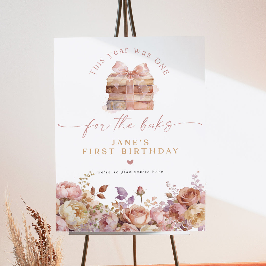 JANE One For The Books Girl's First Birthday Party Sign