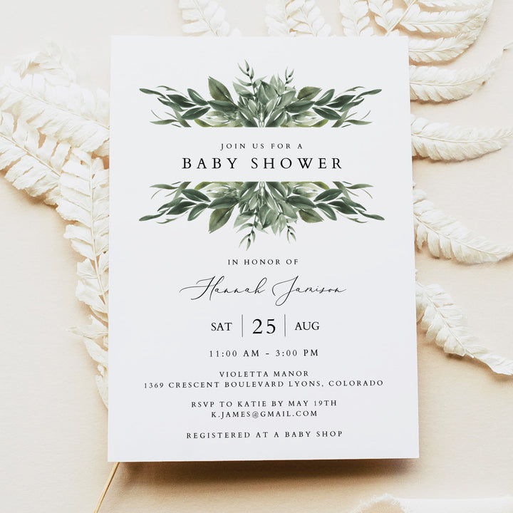 LANA Sage Green Rustic Greenery Baby Shower Invitation Bundle