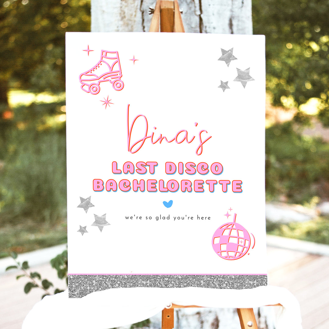 DINA Hot Pink & Glitter Last Disco Bachelorette Welcome Sign