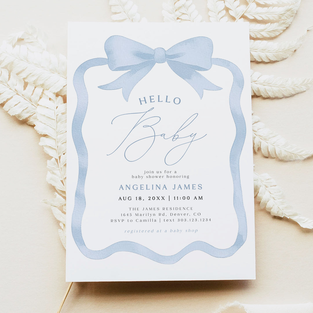 ANGELINA Dusty Blue Bow Hello Baby Boy Shower Invitation Bundle