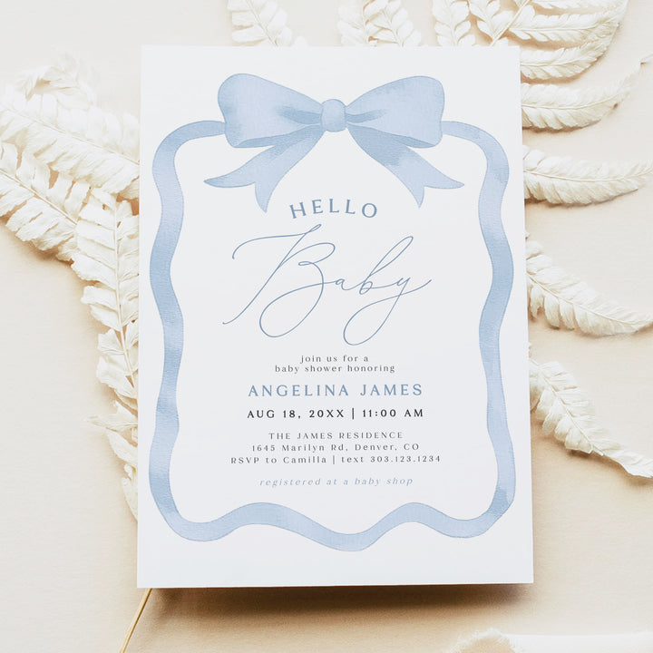 ANGELINA Dusty Blue Bow Hello Baby Boy Shower Invitation Bundle