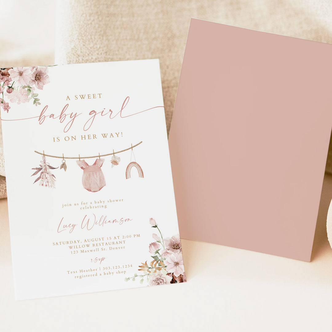 LUCY Dusty Rose Sweet Baby Girl Clothesline Baby Shower Invitation