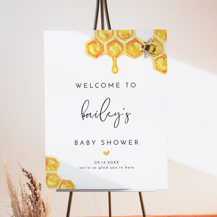 ROMY Boho Watercolor Bumble Bee Baby Shower Welcome Sign