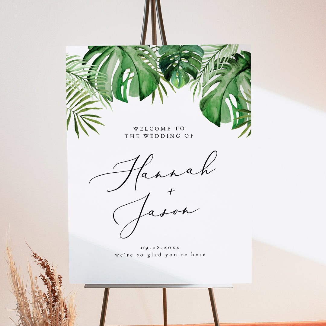 CORA Green Watercolor Monstera and Palm Wedding Welcome Sign