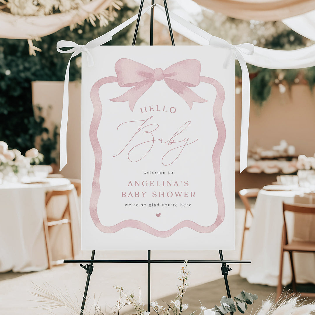 ANGELINA Elegant Pink Bow Baby Shower Welcome Sign