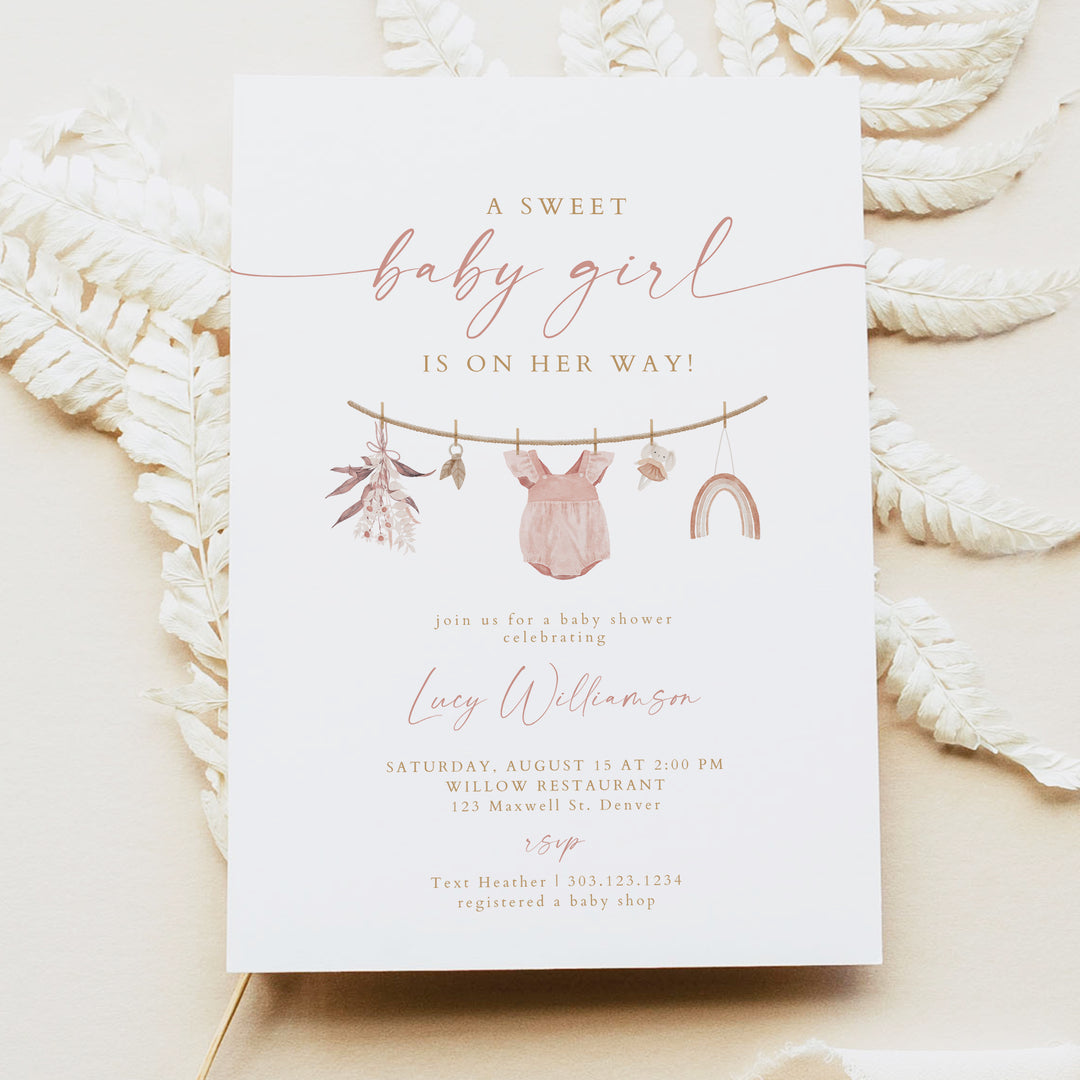 LUCY Sweet Baby Girl Clothesline Baby Shower Invitation Bundle