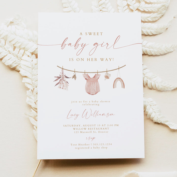 LUCY Sweet Baby Girl Clothesline Baby Shower Invitation Bundle