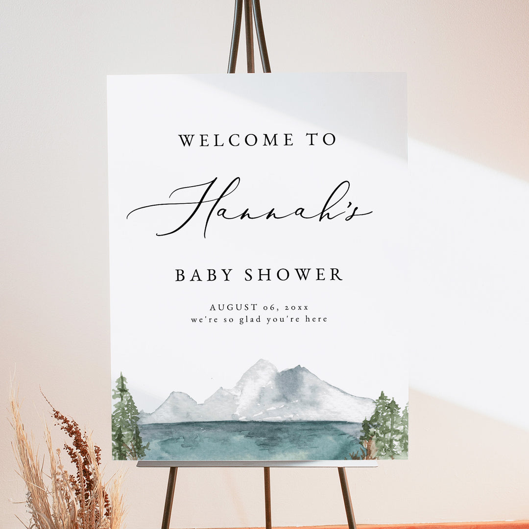 CLOVER Mountain and Lake Watercolor Woodland Baby Shower Welcome Sign