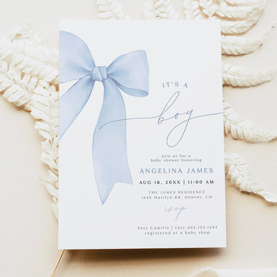 ANGELINA It's A Boy Blue Coquette Bow Baby Shower Invitation Suite
