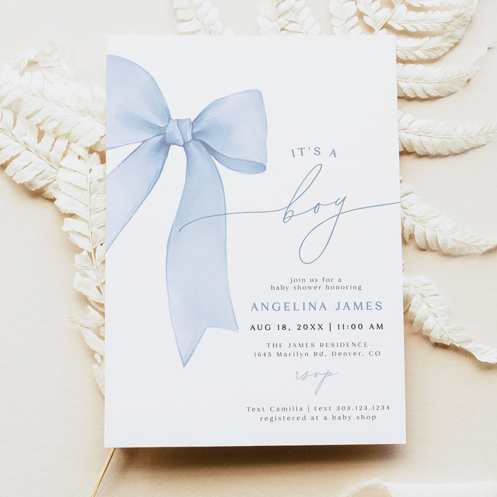 ANGELINA It's A Boy Blue Coquette Bow Baby Shower Invitation Suite