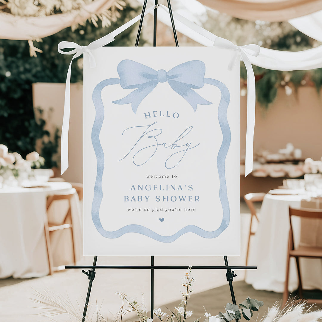 ANGELINA Custom Blue Bow Hello Baby Shower Welcome Sign