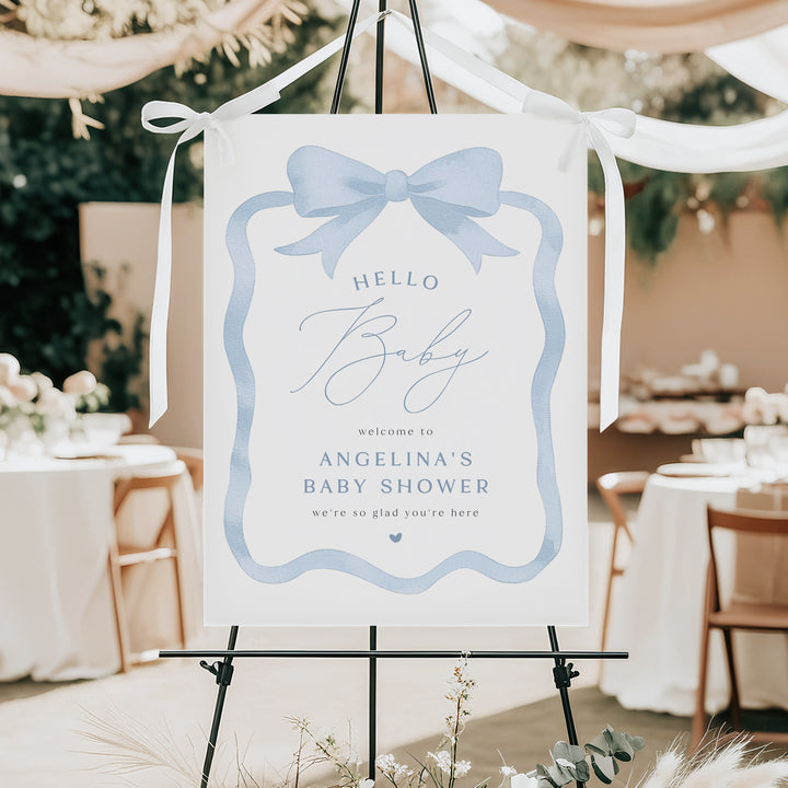 ANGELINA Custom Blue Bow Hello Baby Shower Welcome Sign