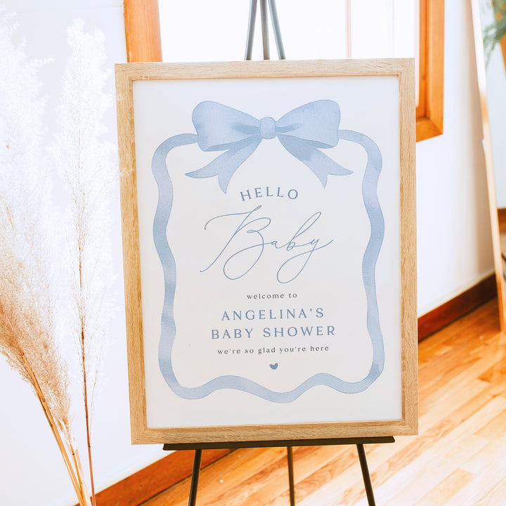ANGELINA Custom Blue Bow Hello Baby Shower Welcome Sign
