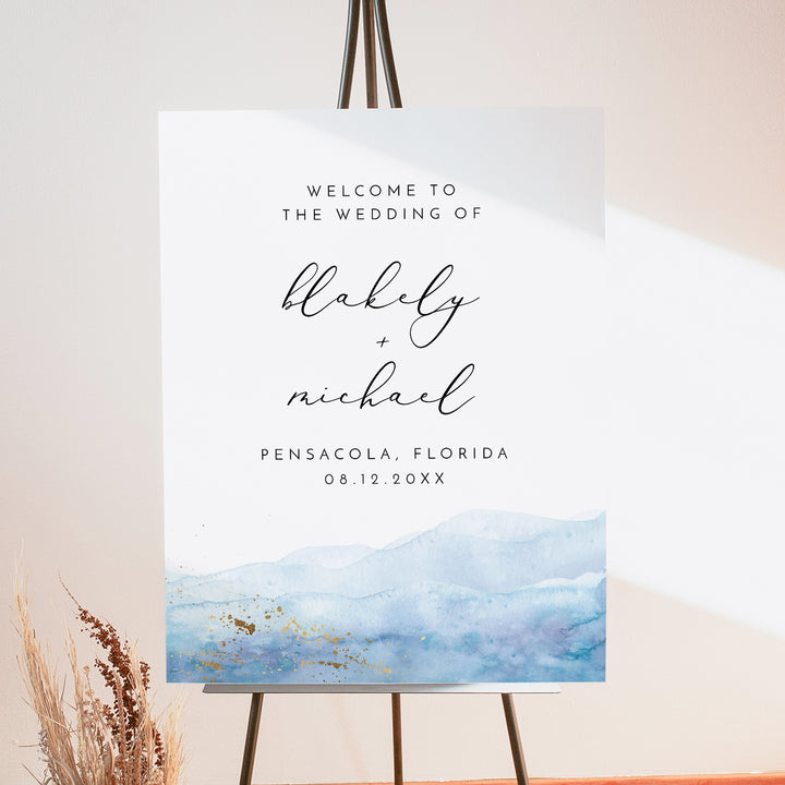 BLAKELY Blue Watercolor Coastal Wedding Welcome Sign