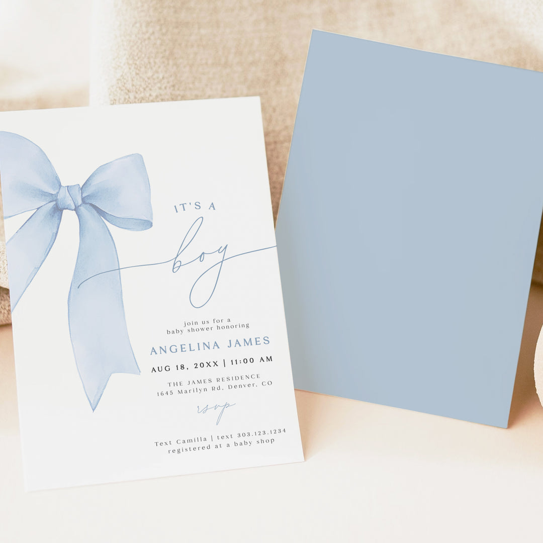 ANGELINA It's A Boy Blue Coquette Bow Baby Shower Invitation Suite