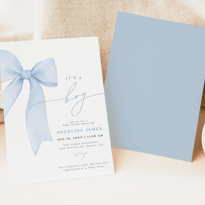 ANGELINA It's A Boy Blue Coquette Bow Baby Shower Invitation Suite