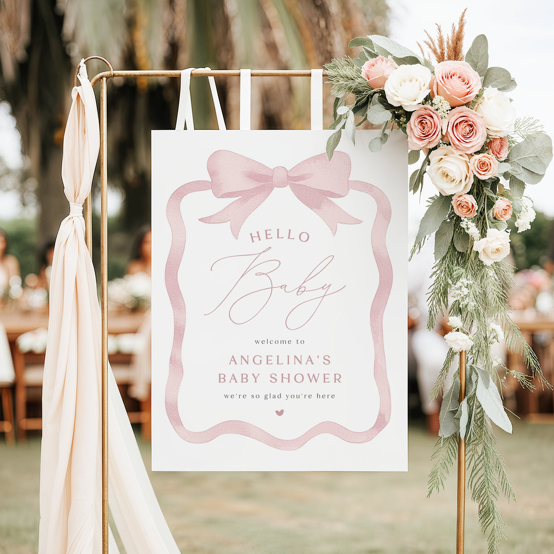 ANGELINA Elegant Pink Bow Baby Shower Welcome Sign