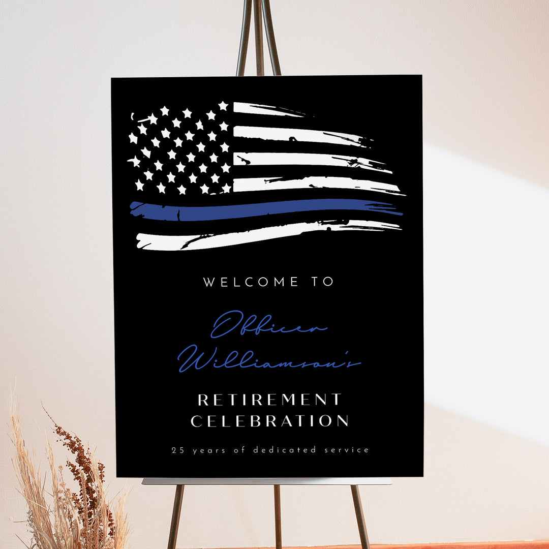 POLICE Black Retirement Party Sign with Thin Blue Line Police Flag