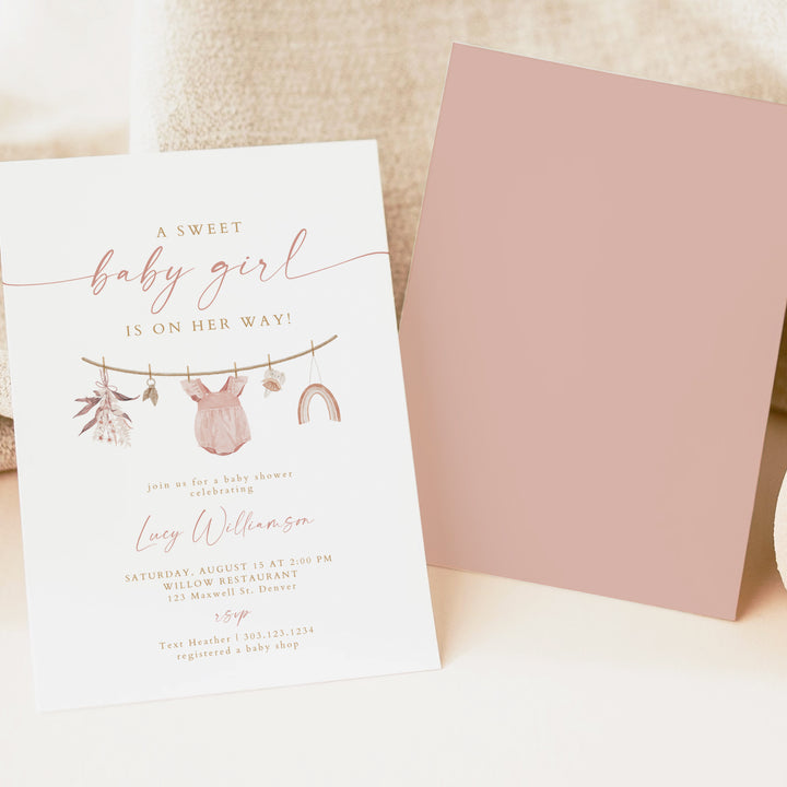 LUCY Sweet Baby Girl Clothesline Baby Shower Invitation Bundle