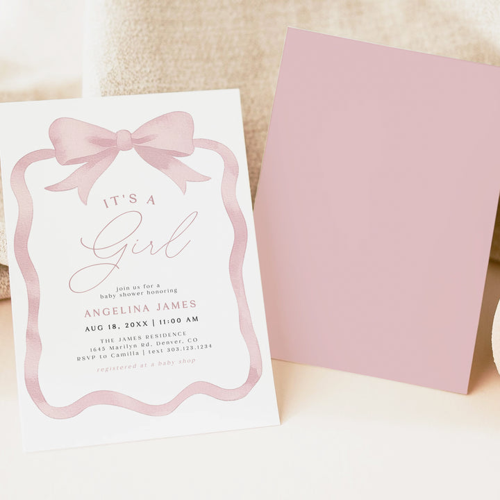 ANGELINA Pink Bow It's a Girl Baby Shower Invitation Bundle
