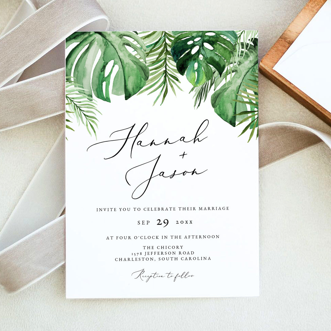 CORA Green Monstera Palm Wedding Invitation Suite with Photo