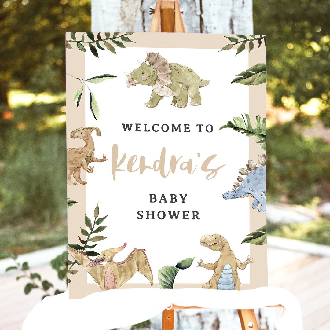 SPIKE Rustic Watercolor Dinosaur Baby Shower Welcome Sign