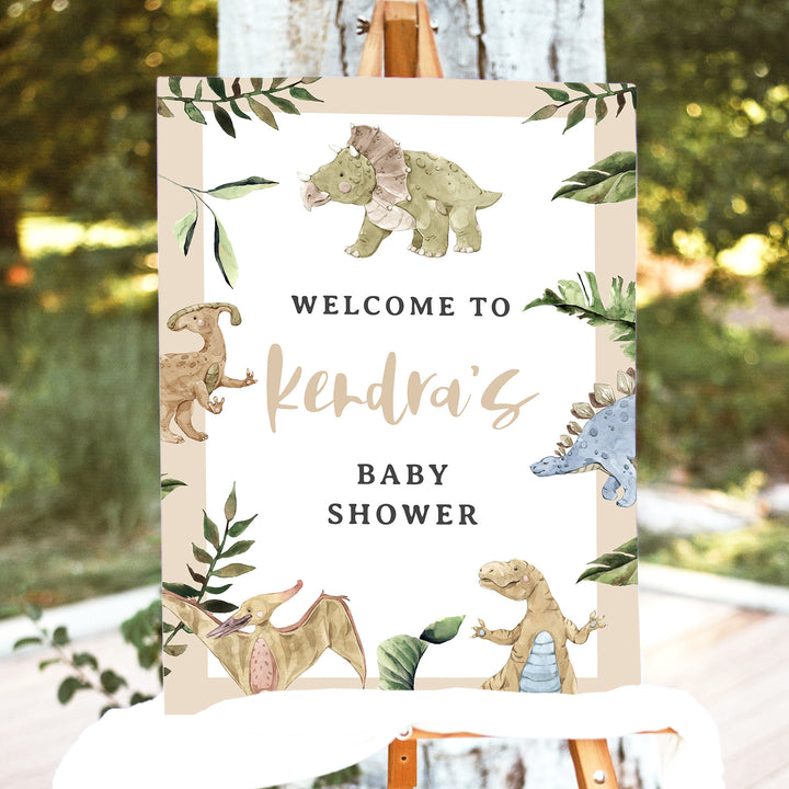 SPIKE Rustic Watercolor Dinosaur Baby Shower Welcome Sign