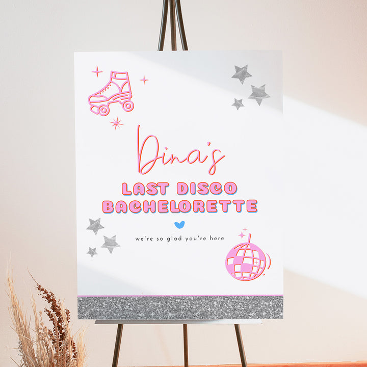 DINA Hot Pink & Glitter Last Disco Bachelorette Welcome Sign