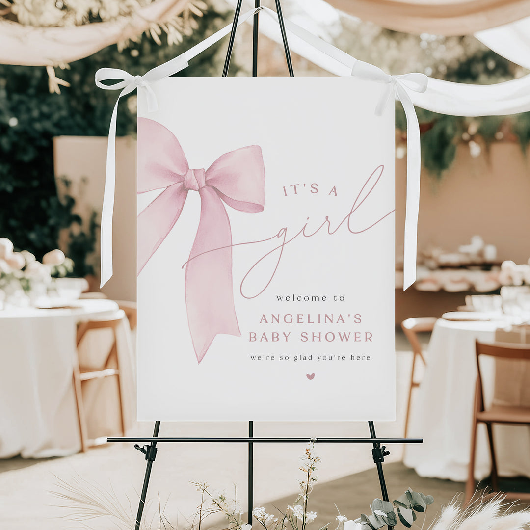 ANGELINA Blush Pink Bow It's a Girl Baby Shower Welcome Sign