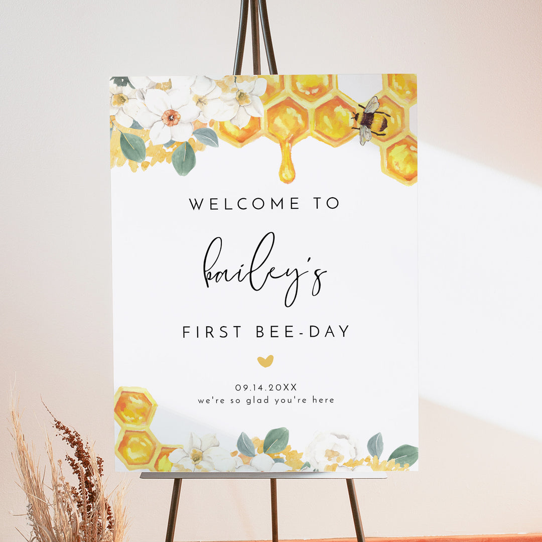 ROMY Girl's First Bee Day Bee Themed Birthday Party Welcome Sign