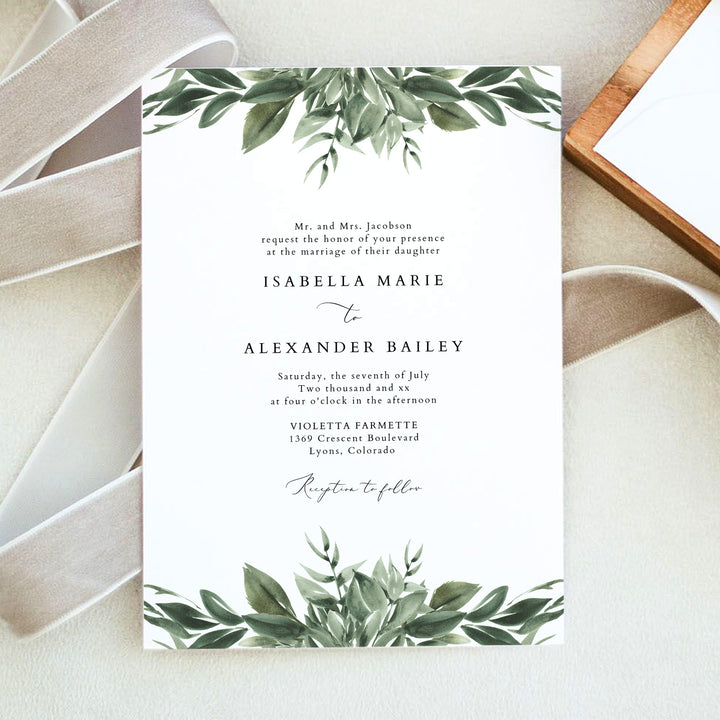 LANA Rustic Olive Green Winter Wedding Invitation Suite with Envelopes