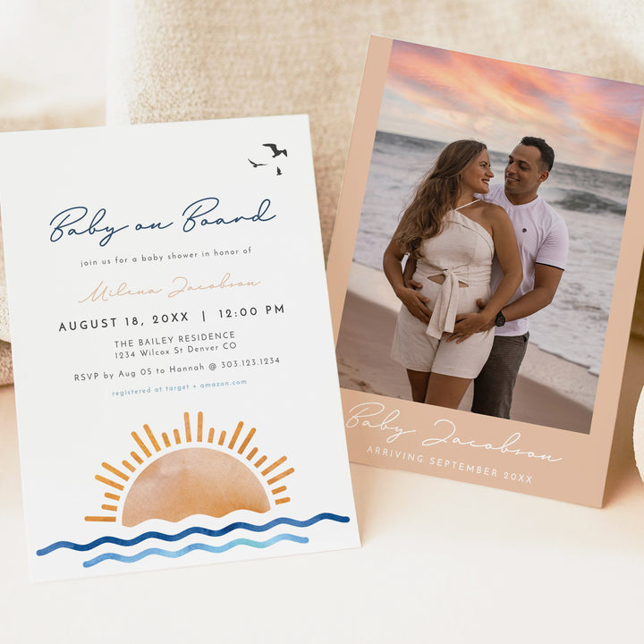 OCEANSIDE Baby on Board Baby Shower Invitation Bundle with Photo