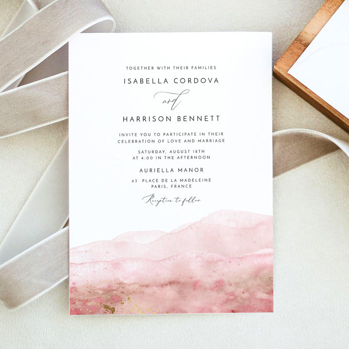 JULIEN Blush Pink Watercolor Wedding Photo Invitation Suite