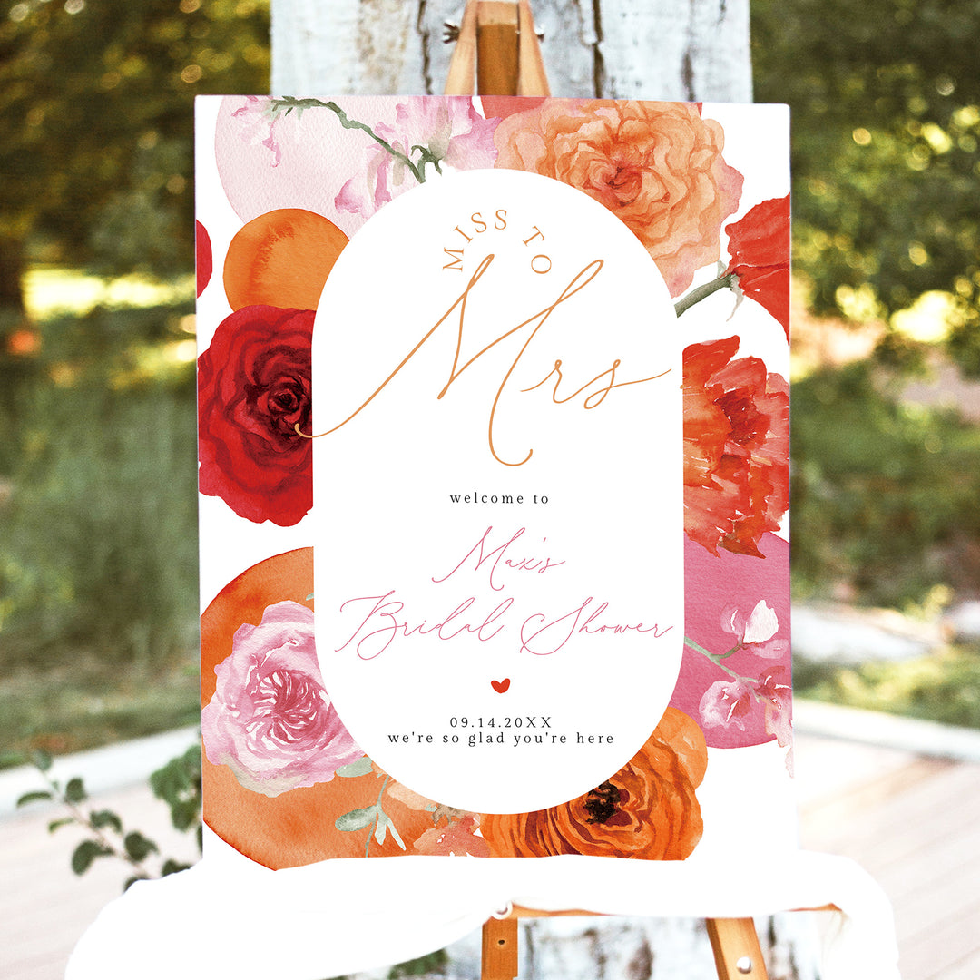 MAX Pink and Orange Peony Miss to Mrs Bridal Shower Welcome Sign