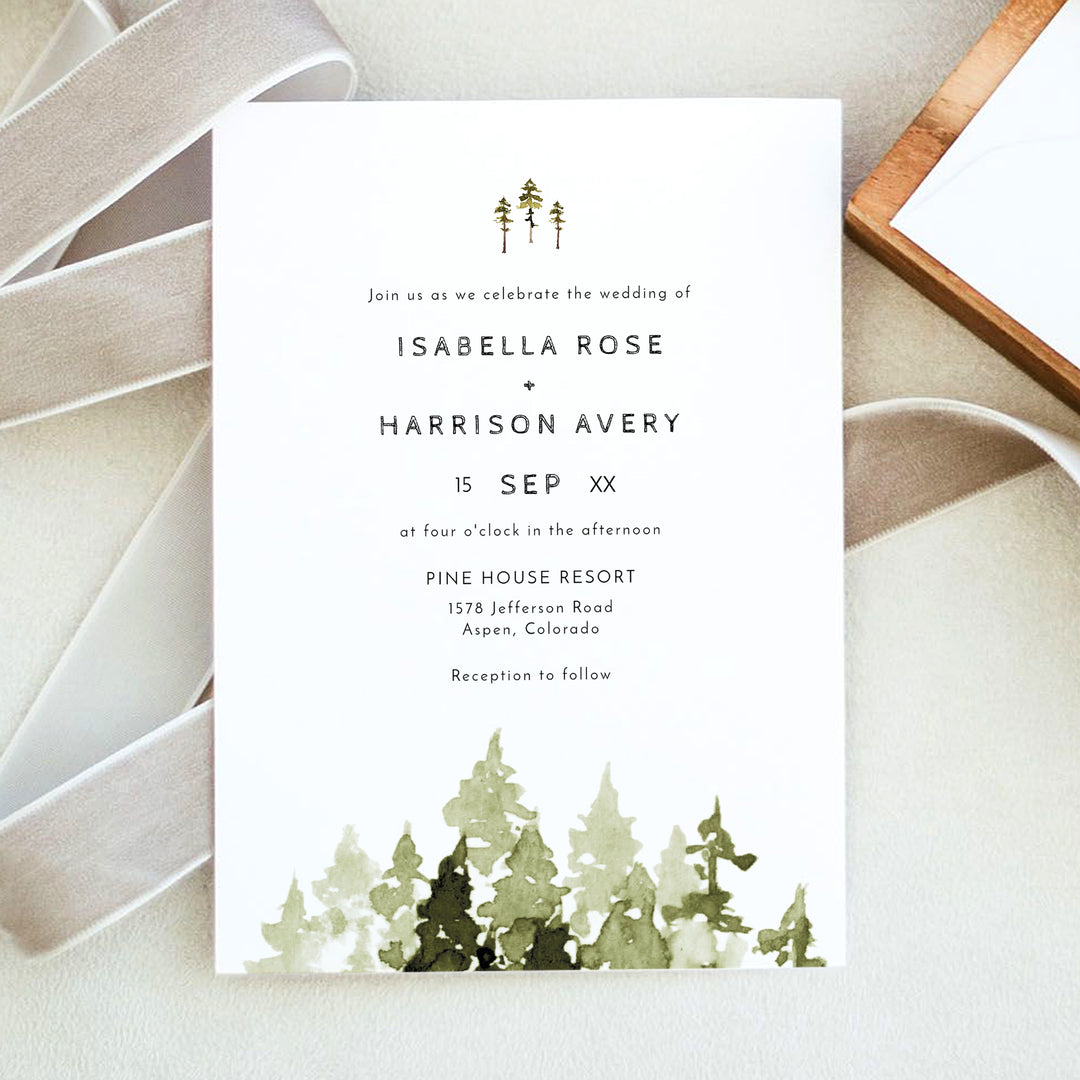 JENNA Rustic Forest Green Wedding Invitation Suite with Photo