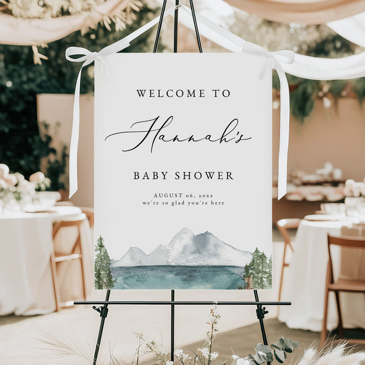 CLOVER Mountain and Lake Watercolor Woodland Baby Shower Welcome Sign