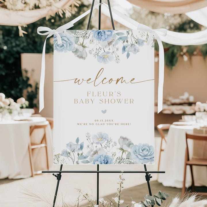 FLEUR Dusty Blue Boho Floral Baby Shower Welcome Sign