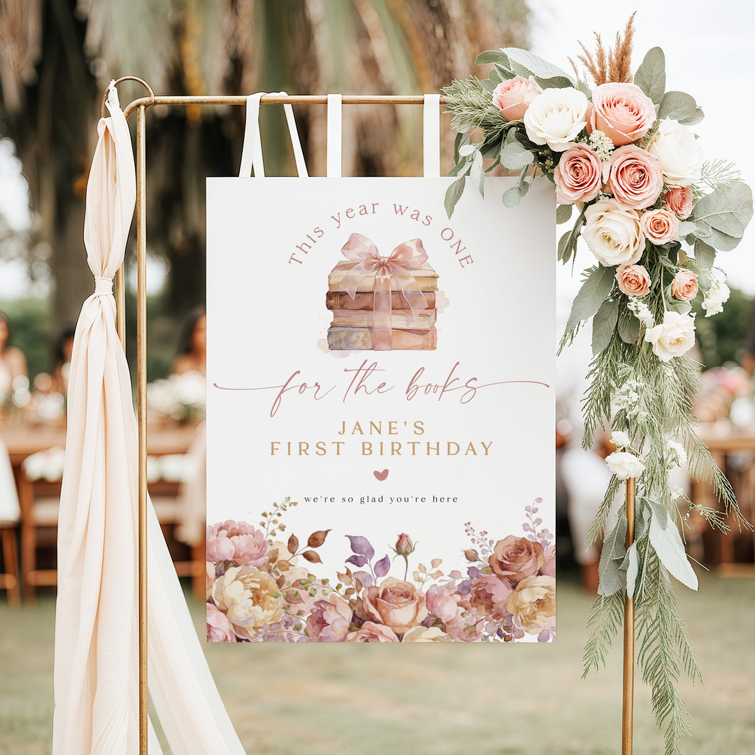 JANE One For The Books Girl's First Birthday Party Sign