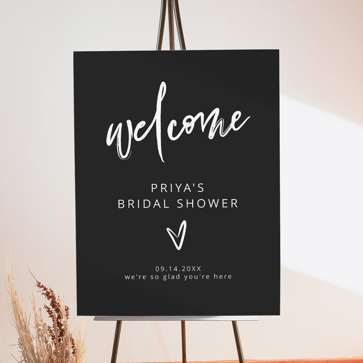 PRIYA Classy Black and White Minimalist Bridal Shower Welcome Sign