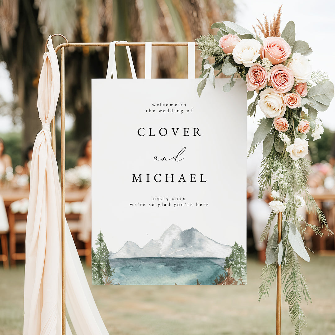 CLOVER Watercolor Mountain Wedding Welcome Sign