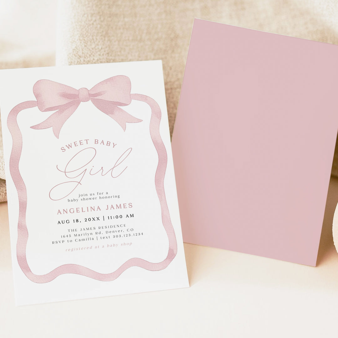 ANGELINA Girl Pink Bow Baby Shower Invitation Bundle