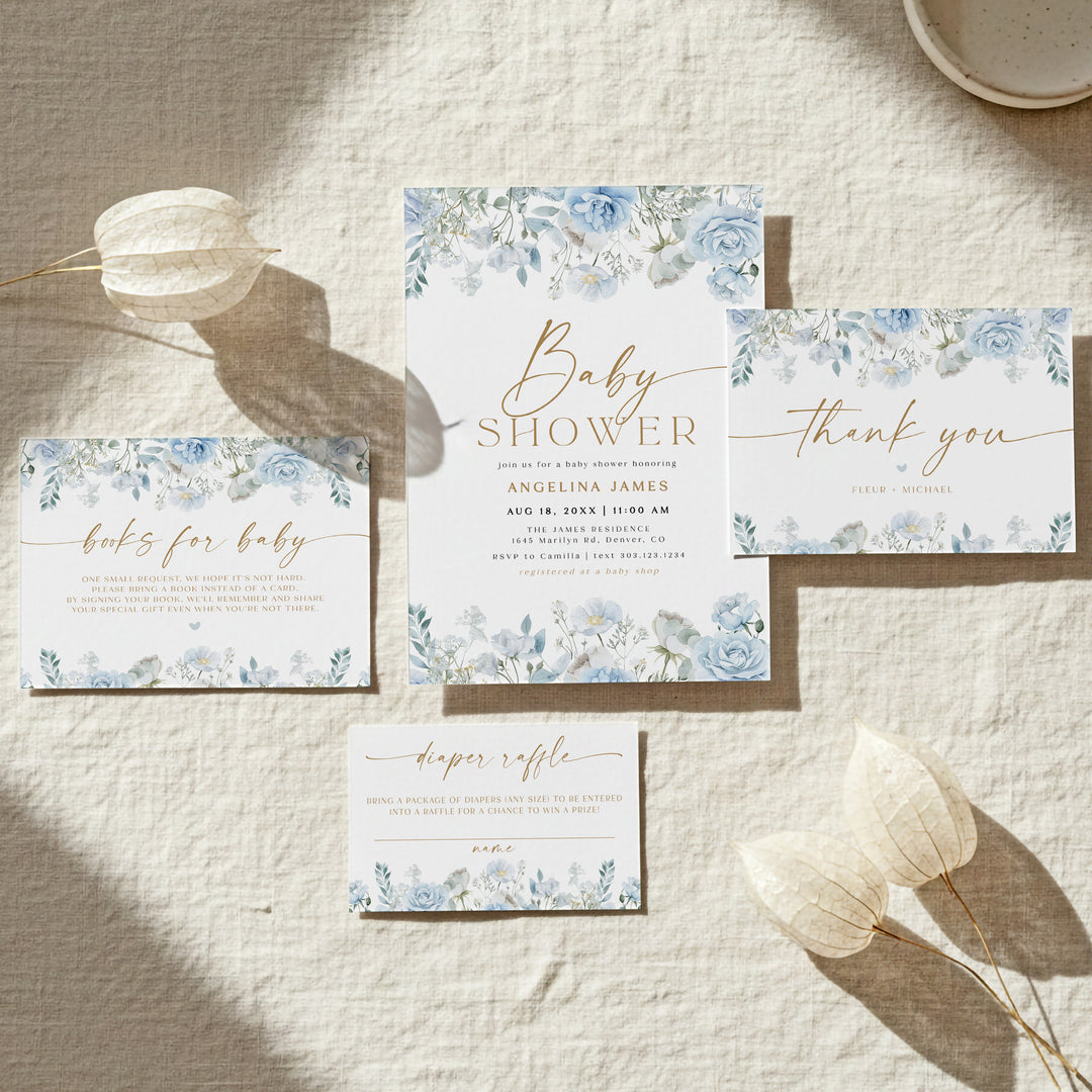 FLEUR Dusty Blue Floral Baby Shower Invitation Suite