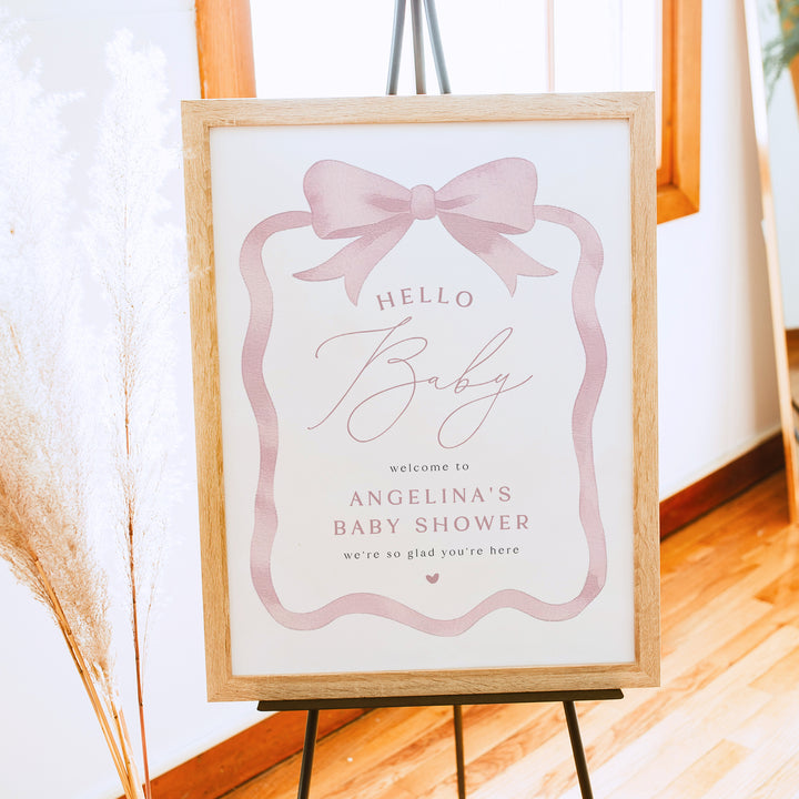 ANGELINA Elegant Pink Bow Baby Shower Welcome Sign