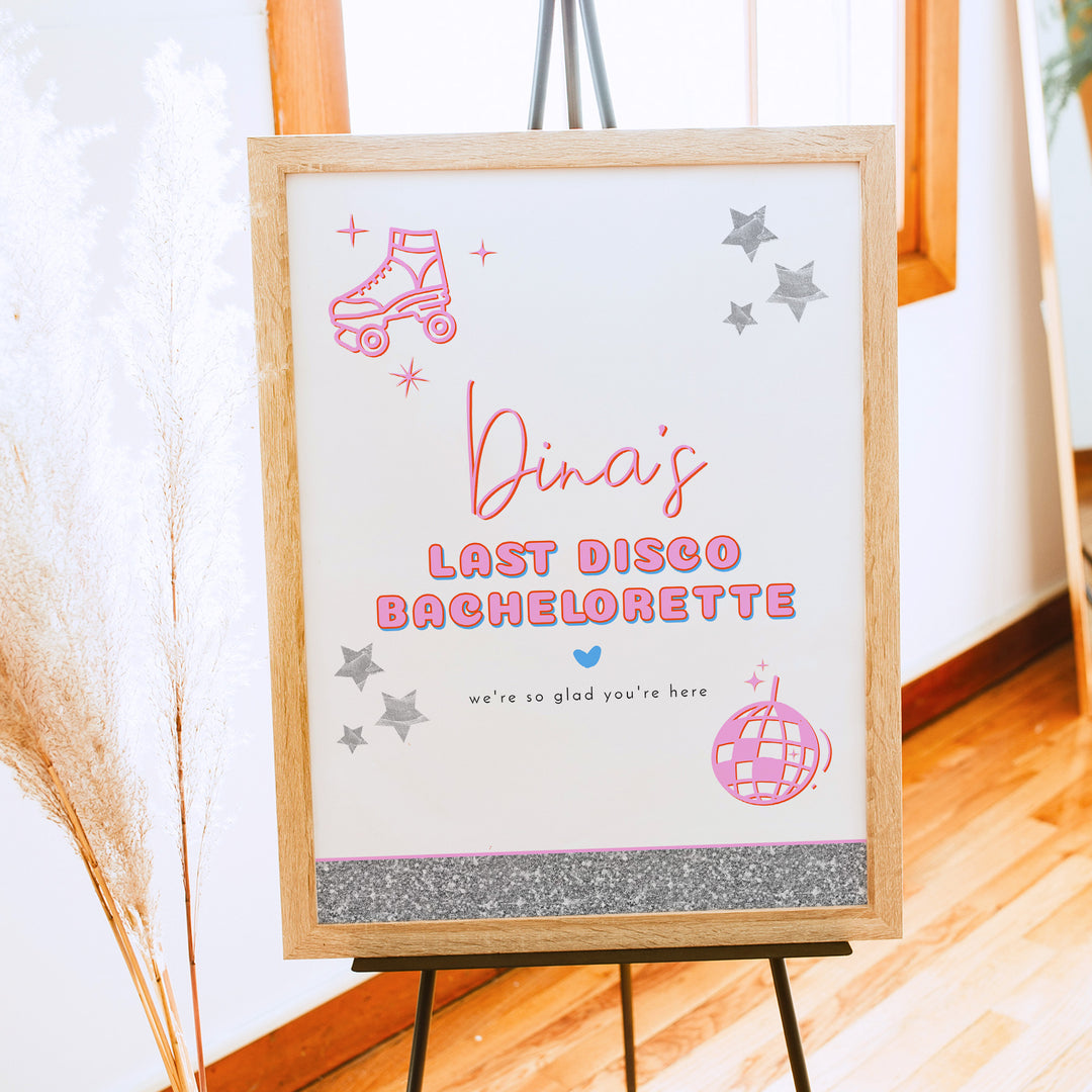 DINA Hot Pink & Glitter Last Disco Bachelorette Welcome Sign
