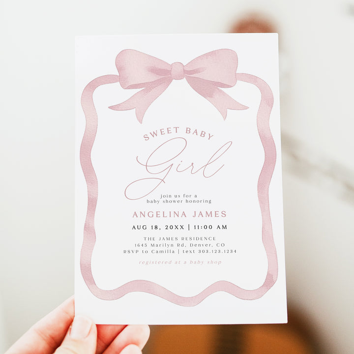 ANGELINA Girl Pink Bow Baby Shower Invitation Bundle