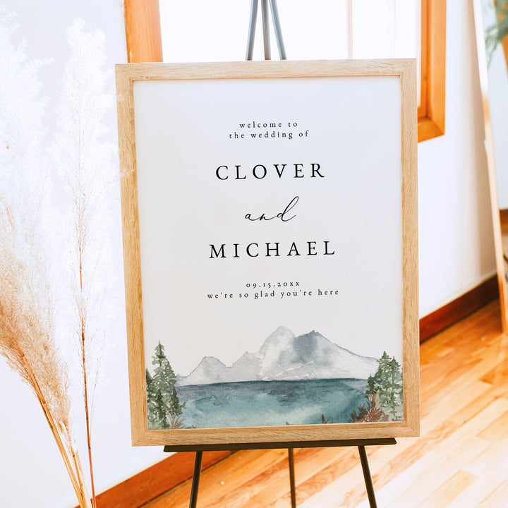 CLOVER Watercolor Mountain Wedding Welcome Sign
