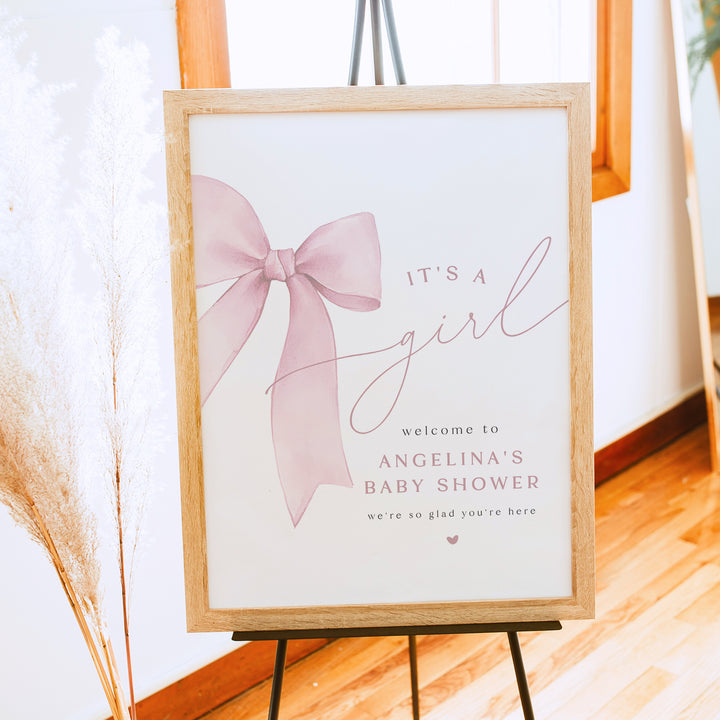 ANGELINA Blush Pink Bow It's a Girl Baby Shower Welcome Sign