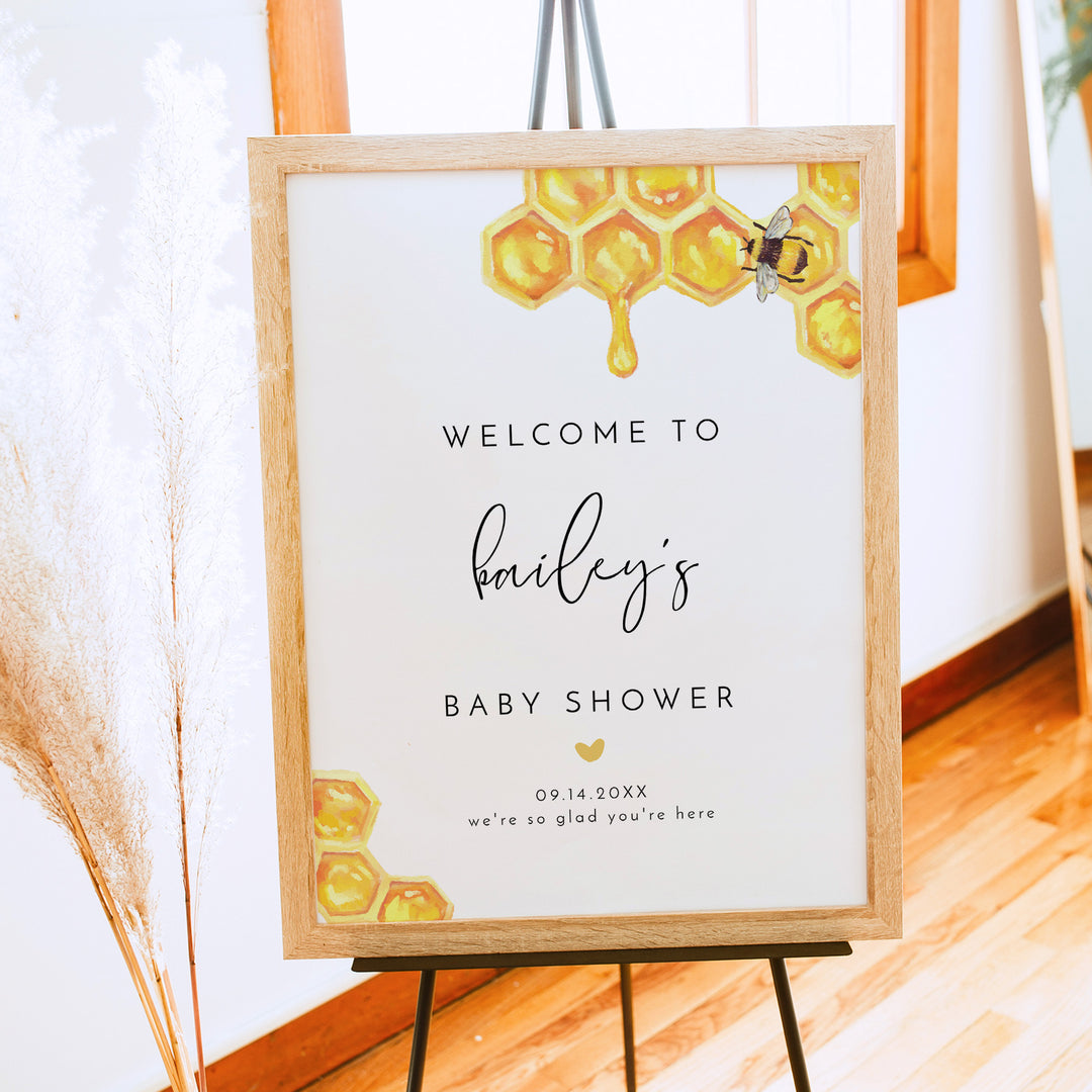 ROMY Boho Watercolor Bumble Bee Baby Shower Welcome Sign